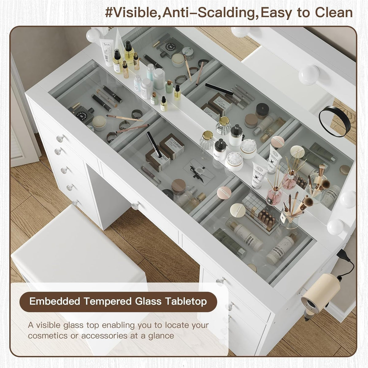 11 Drawer Dressing Table with Mirror and Lights – Hollywood LED Vanity Desk with Power Outlet, USB Ports, Glass Top, Fold-Up Panel and Stool – White, 120cm