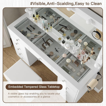 11 Drawer Dressing Table with Mirror and Lights – Hollywood LED Vanity Desk with Power Outlet, USB Ports, Glass Top, Fold-Up Panel and Stool – White, 120cm