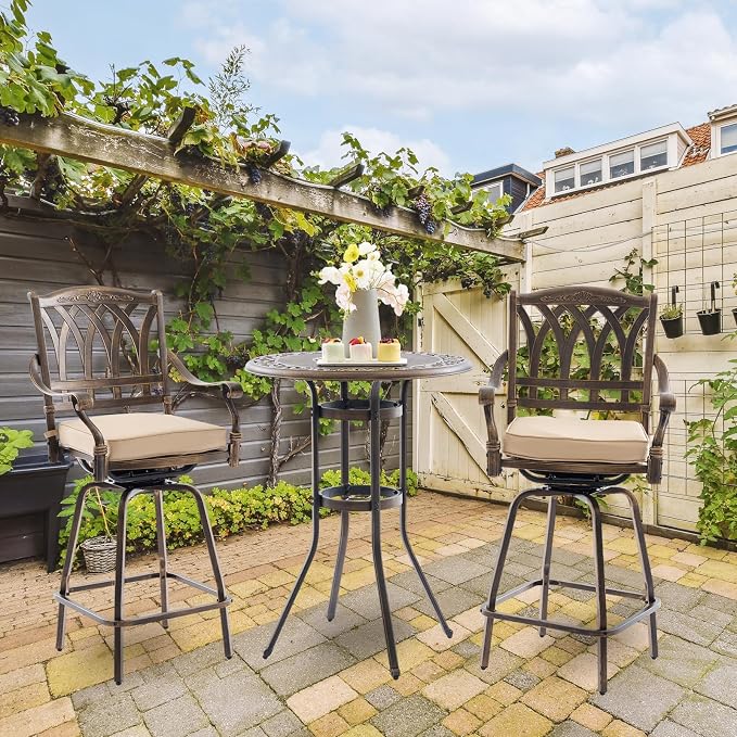 Outdoor Bar Height Table & Swivel Stool Set — 31.5" Round Cast Aluminum Patio Pub Table with Umbrella Hole + 2 High Top Bar Chairs with 360° Swivel & Removable Cushions (Bronze)
