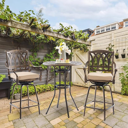 Outdoor Bar Height Table & Swivel Stool Set — 31.5" Round Cast Aluminum Patio Pub Table with Umbrella Hole + 2 High Top Bar Chairs with 360° Swivel & Removable Cushions (Bronze)