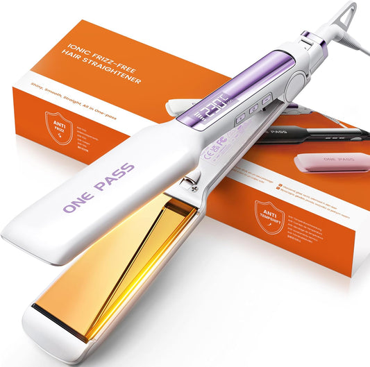 One-Pass Professional Hair Straighteners, 42mm Wide Plate Titanium Negative Ion Flat Iron, 30s Rapid Heating, 11 Adjustable Temperature Levels (130-230℃), Real-time Temperature Display (White)