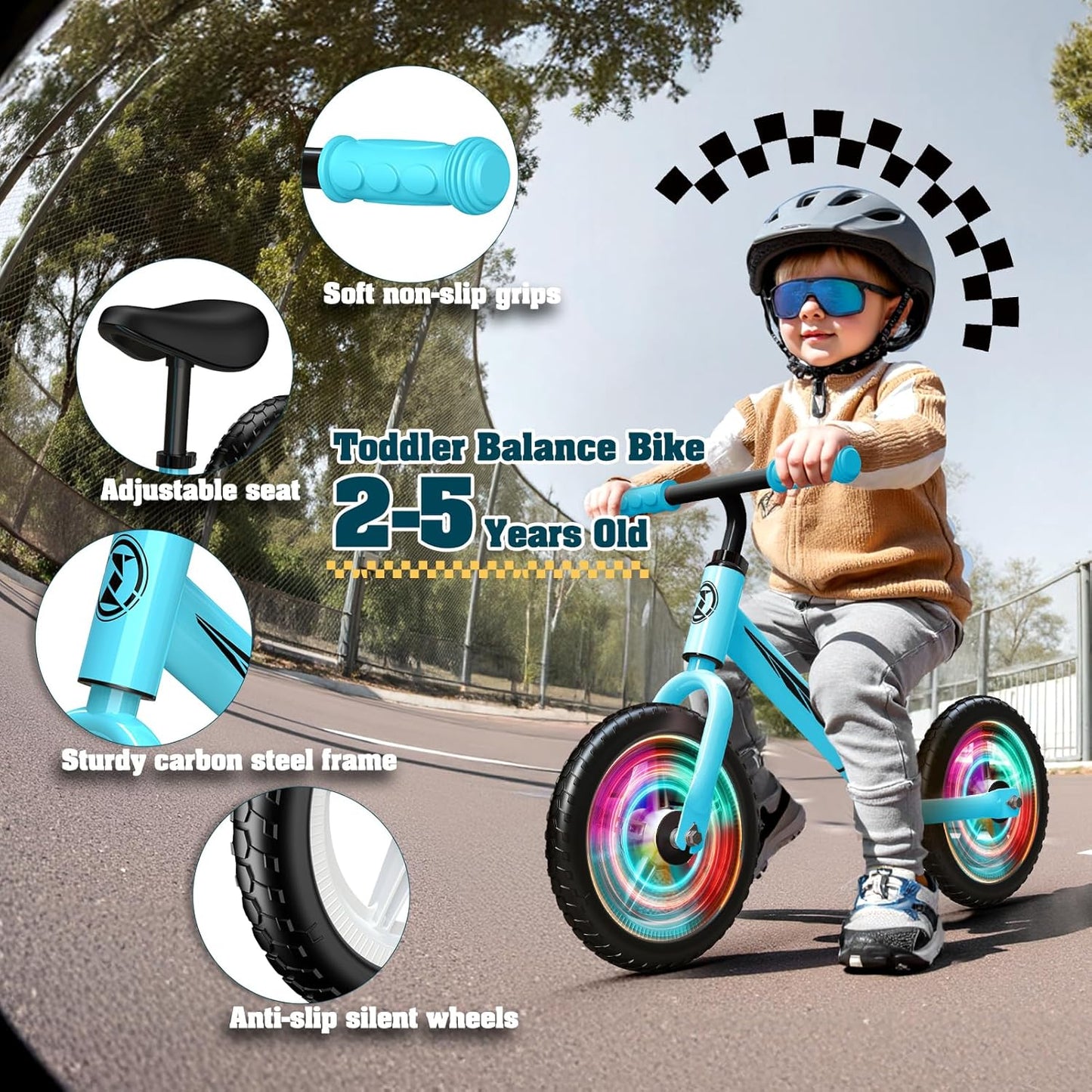 Kids Balance Bike (Ages 2-5) – Adjustable Seat & Handlebars, LED Light-Up Wheels, Supports up to 50kg | Blue