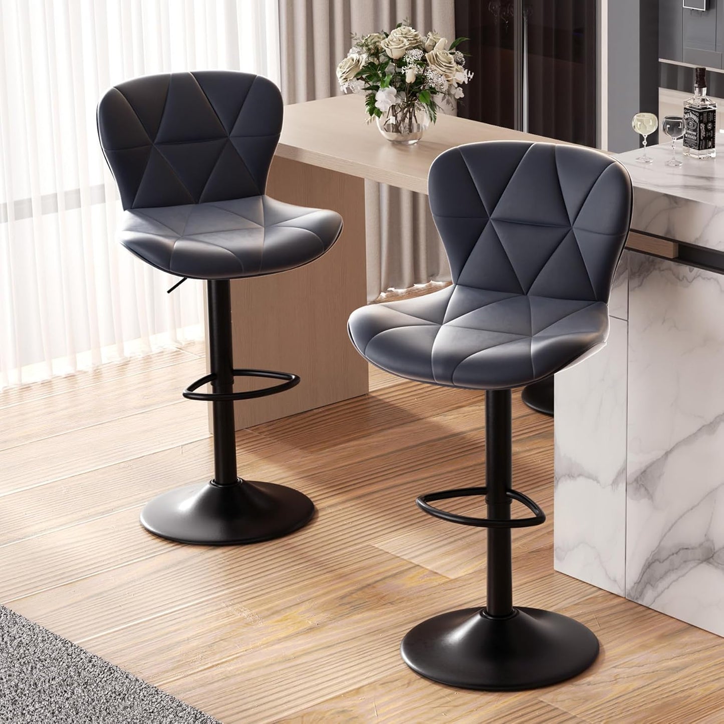 Faux Leather Bar Stools, Swivel with Backrest & Footrest, Kitchen Island