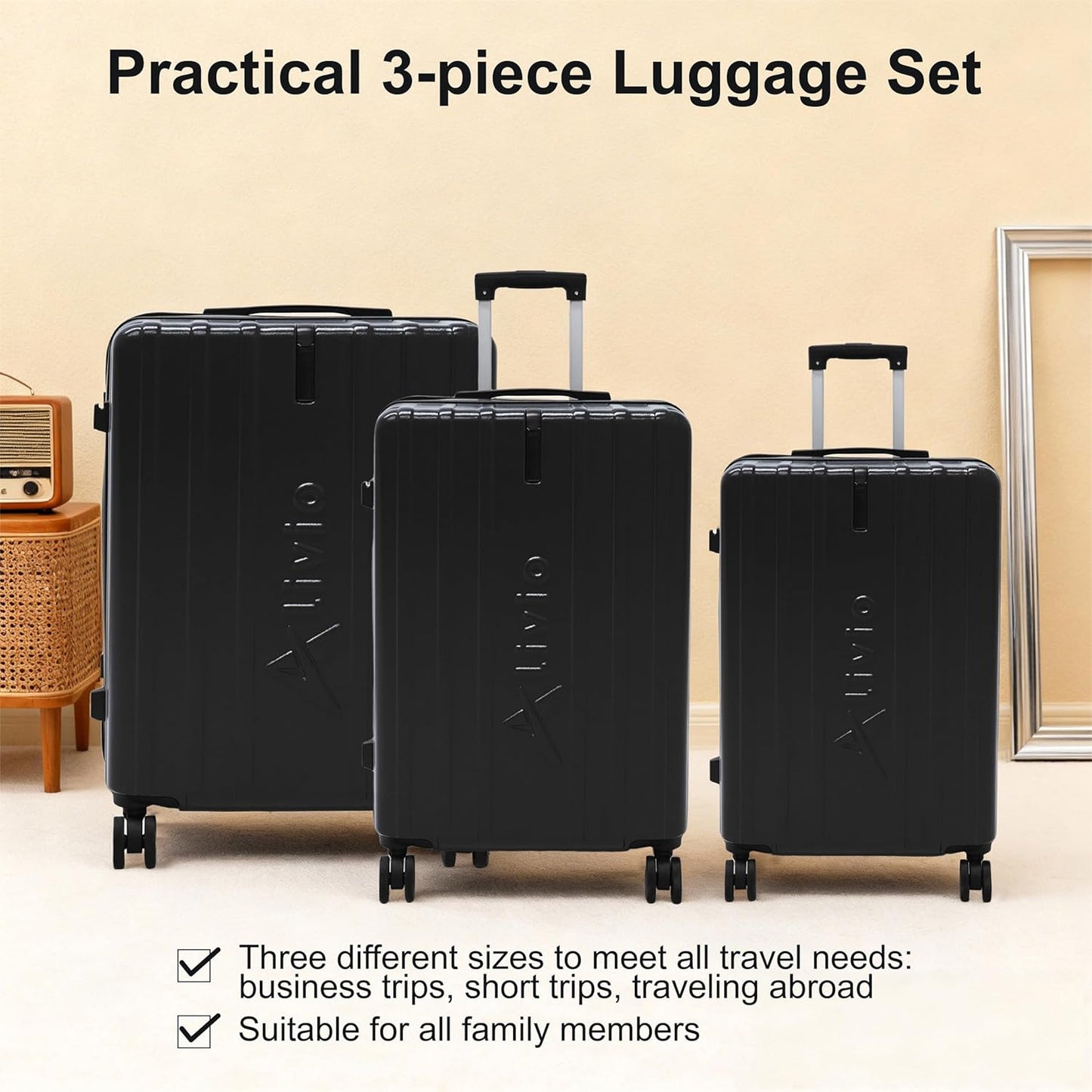 Alivio 3 Piece Hard-Shell Luggage Set with Secure Number Lock, 360 Spinner Wheels & 3-Step Telescopic Handle – Lightweight Travel Trolley Suitcase Set (Small/Medium/Large) (Black)