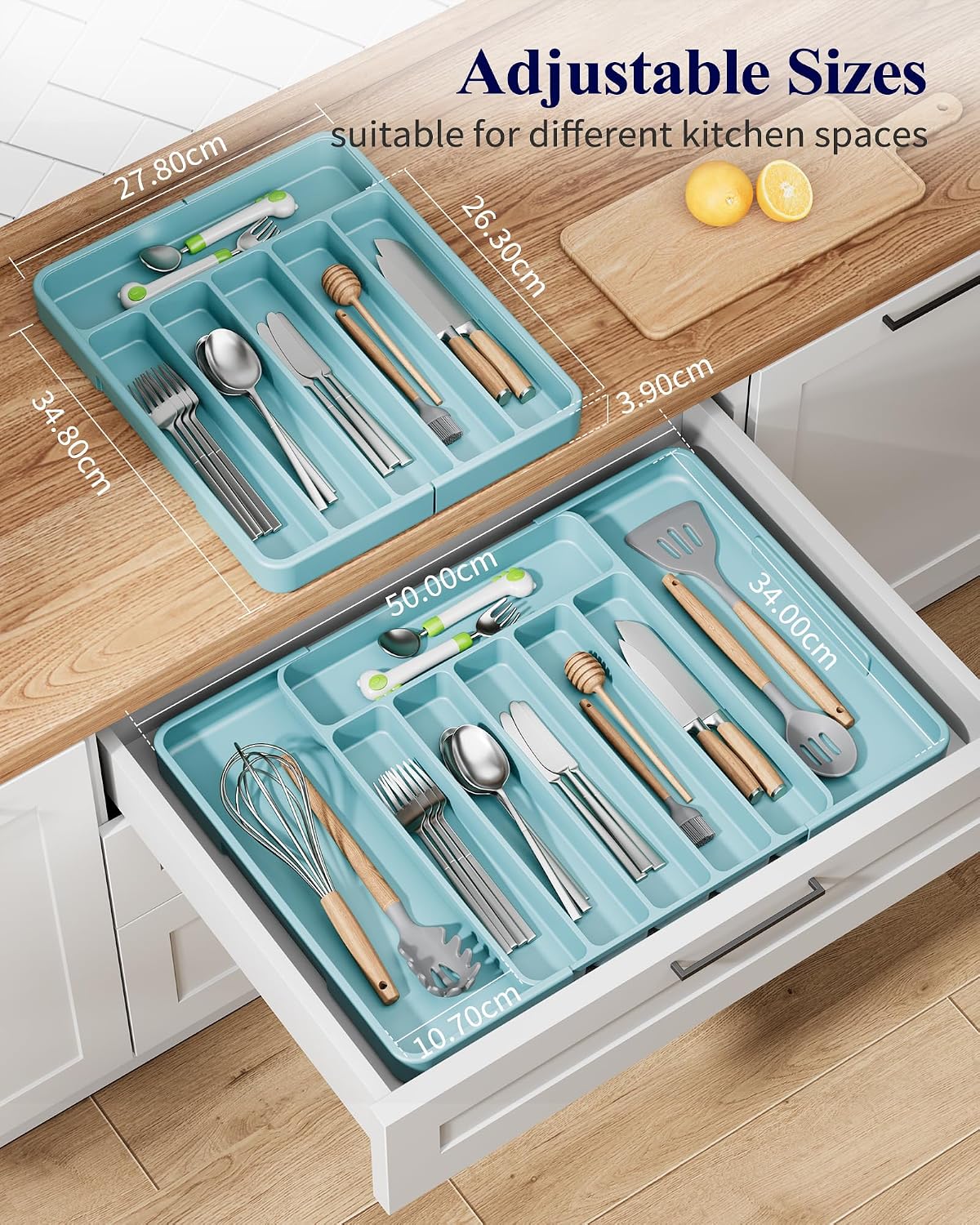 Kitsure Large Adjustable Cutlery Drawer Organiser – Expandable Utensil Tray, Blue, 34.8 x 27.8-50 cm