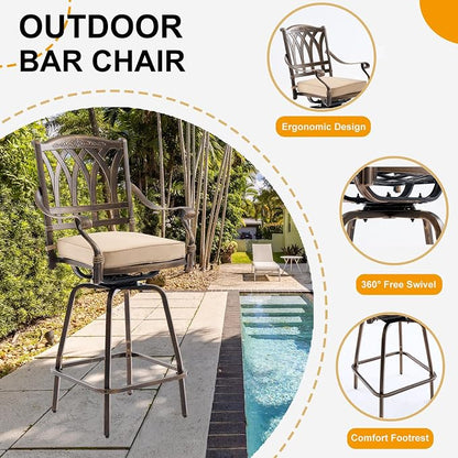 Outdoor Bar Height Table & Swivel Stool Set — 31.5" Round Cast Aluminum Patio Pub Table with Umbrella Hole + 2 High Top Bar Chairs with 360° Swivel & Removable Cushions (Bronze)