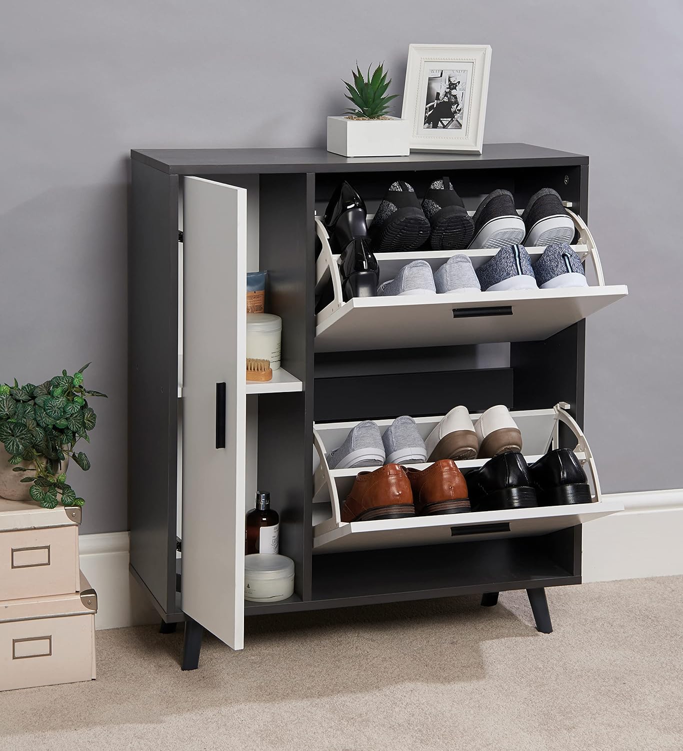 Greenhurst Shoe Storage Cabinet with Side Cupboard, Wooden Grey/White H86 x W75cm