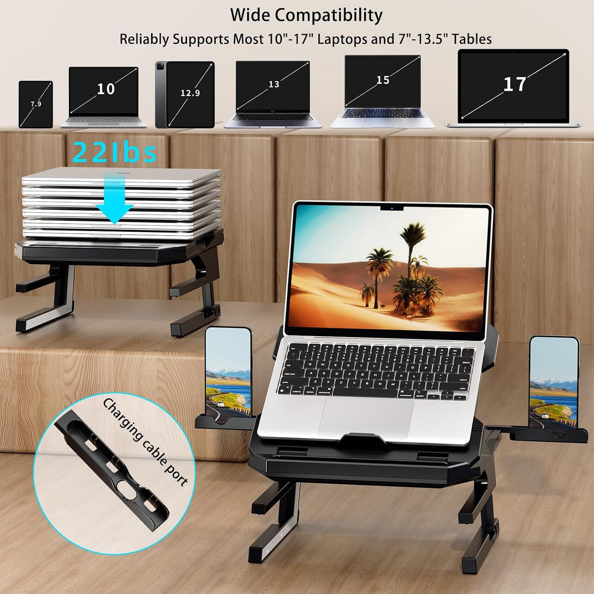 Adjustable Laptop Stand with Phone Holder — Rotating Base, 3-Height Riser, Fits 10–17"
