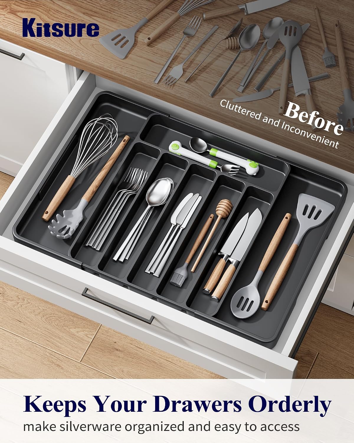 Kitsure Large Adjustable Cutlery Drawer Organiser – Expandable Utensil Tray, Blue, 34.8 x 27.8-50 cm