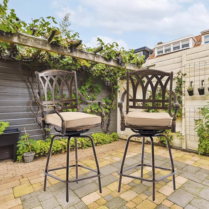 Outdoor Bar Height Table & Swivel Stool Set — 31.5" Round Cast Aluminum Patio Pub Table with Umbrella Hole + 2 High Top Bar Chairs with 360° Swivel & Removable Cushions (Bronze)