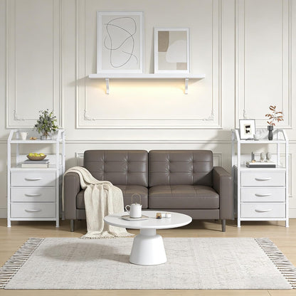 White 3 Drawer Fabric Storage Unit with Open Shelf, Bedside Table, Metal Frame 40x30x72cm