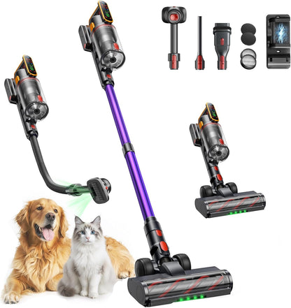 Cordless Vacuum Cleaner 600W 50KPa, Stick Vacuum with Touch Screen & Auto Mode, 65-Min Runtime, Lightweight Vacuum for Pet Hair, Carpets & Hard Floors, Wall Charging, 1M Hose, UK Plug
