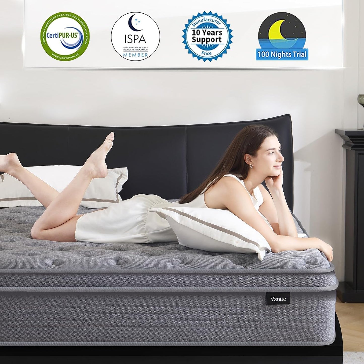 Vantto Memory Foam Hybrid Mattress, 10 Inch, Breathable Fabric Cover