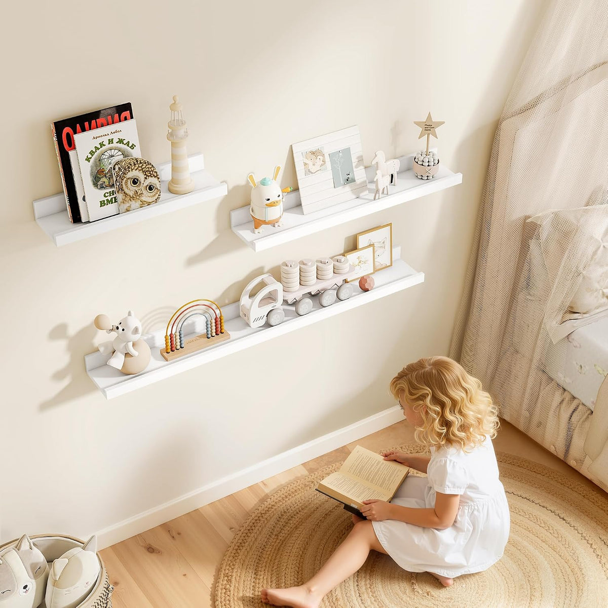 Floating Shelves Set of 2, 90cm Long Picture Ledge Shelf, Nursery Shelves with Lip for Storage, Kids Bookshelf Wood Wall Mounted Black Shelves for Living Room Bedroom Decor Books Photo Frames