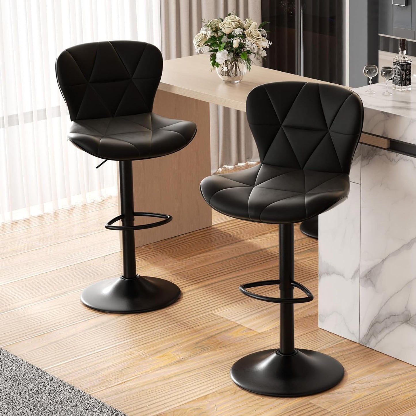 Faux Leather Bar Stools, Swivel with Backrest & Footrest, Kitchen Island
