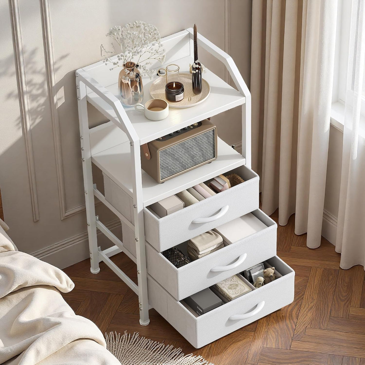 White 3 Drawer Fabric Storage Unit with Open Shelf, Bedside Table, Metal Frame 40x30x72cm