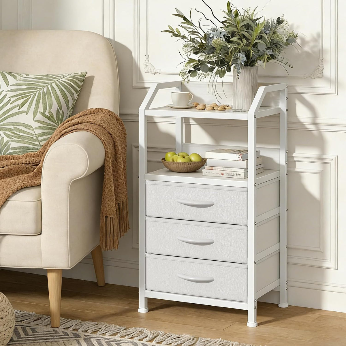 White 3 Drawer Fabric Storage Unit with Open Shelf, Bedside Table, Metal Frame 40x30x72cm