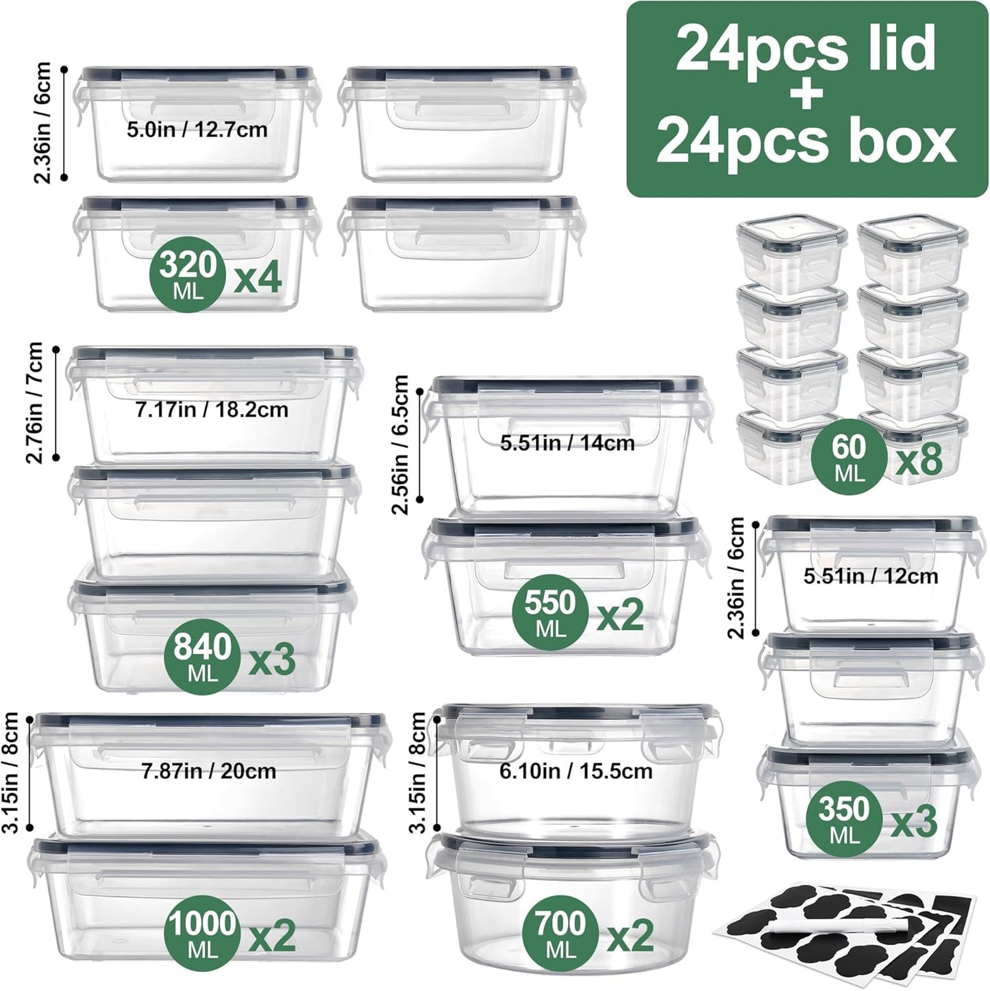 Alivio 24Pc Food Storage Containers, Meal Prep Containers with Leakproof Lid, Airtight Lunch Box, Microwave, Oven, Freezer & Dishwasher Storage Box Multiple Size (Transparent, Set of 24pc)