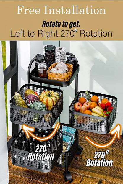 4 Tier Square Movable And Detachable Metal Rolling Trolley Cart Basket Shelf With Wheels – Kitchen Ideal Storage Rack For Vegetable, Fruit, Pantry, Bathroom – Black (4 - Tier)