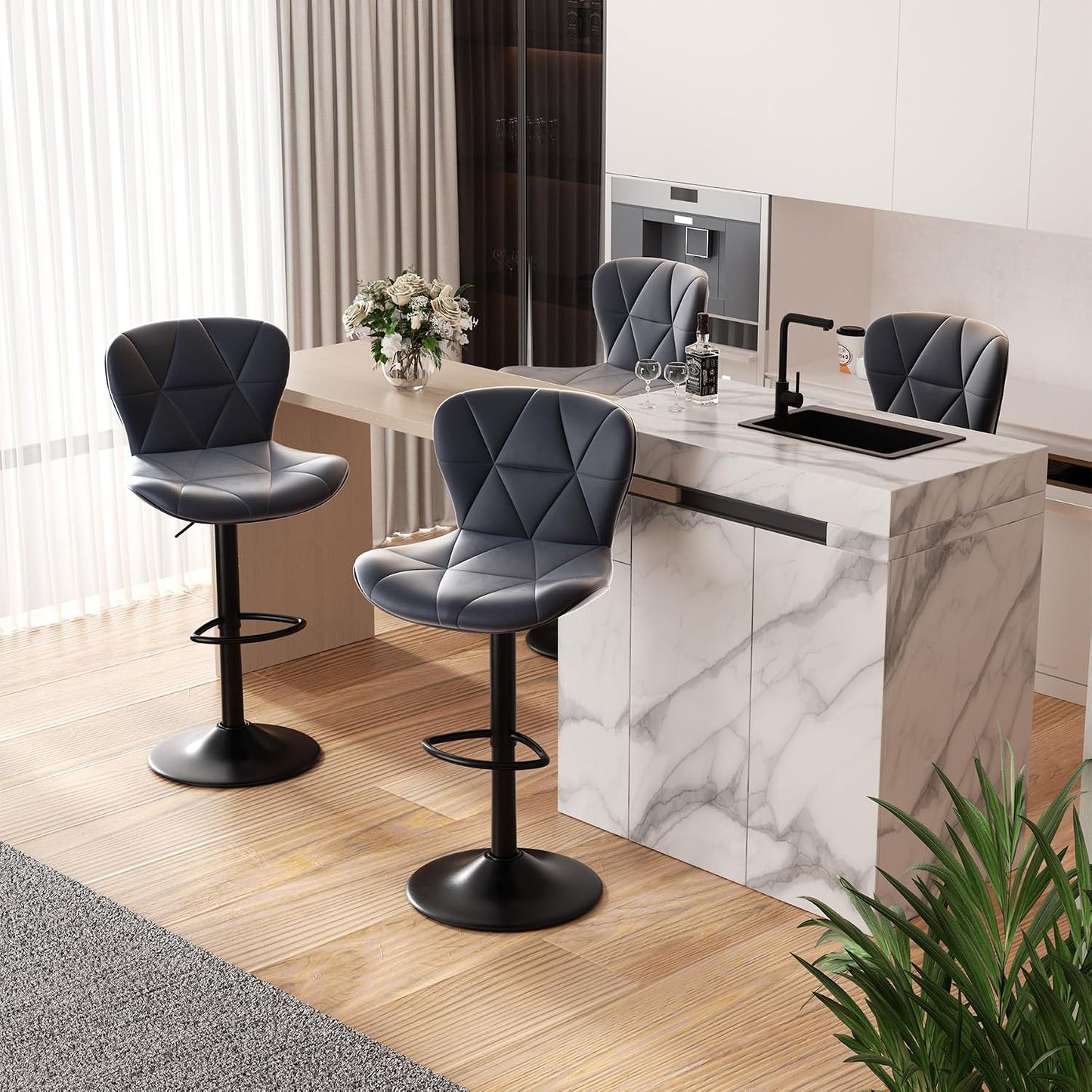 Faux Leather Bar Stools, Swivel with Backrest & Footrest, Kitchen Island