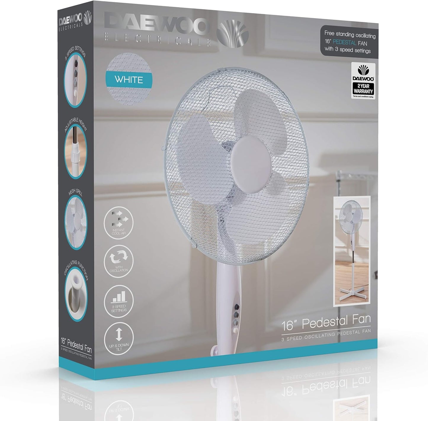 Daewoo 16" Pedestal Fan | Oscillating Floor Fan with Adjustable Height — White