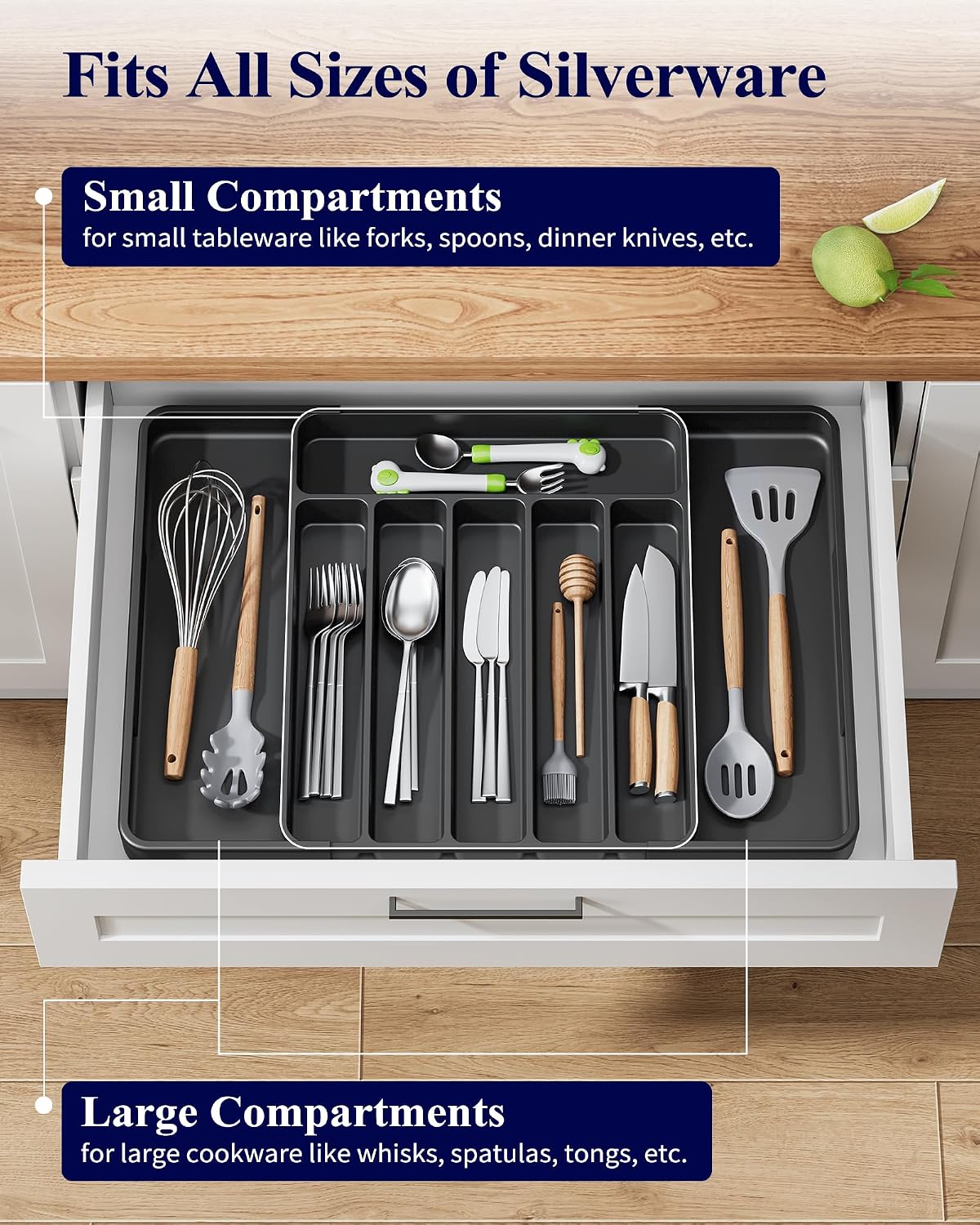 Kitsure Large Adjustable Cutlery Drawer Organiser – Expandable Utensil Tray, Blue, 34.8 x 27.8-50 cm