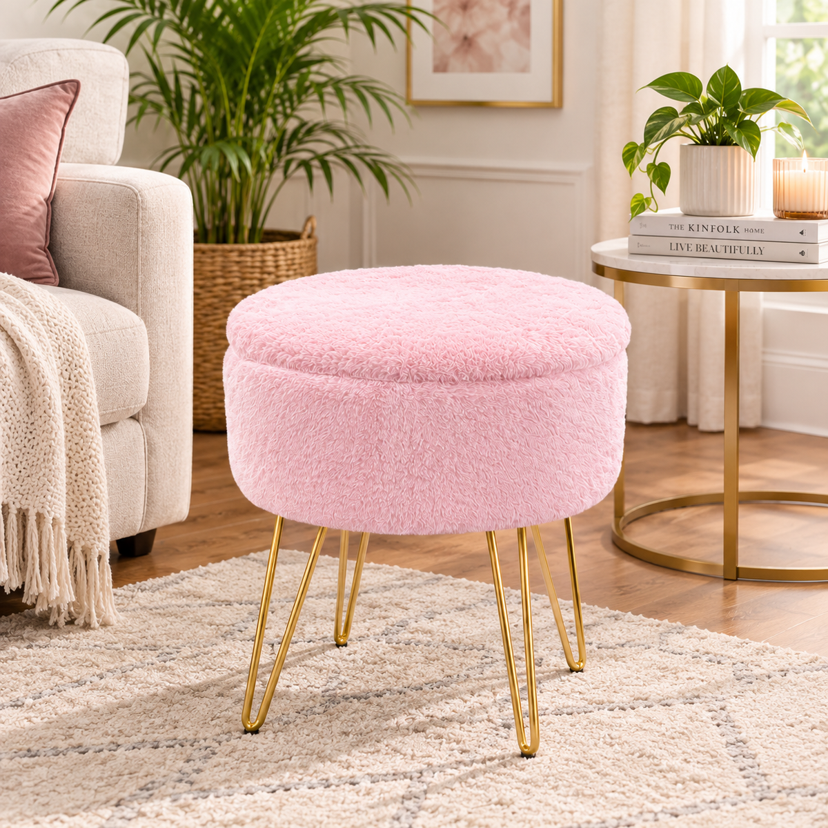 Gaveno Cavailia IKAT Fur Storage Hairpin Stool 37 × 37 × 45cm – Fluffy Dressing Table Stool with Hidden Storage & Metal Hairpin Legs – White | Grey | Charcoal | Natural