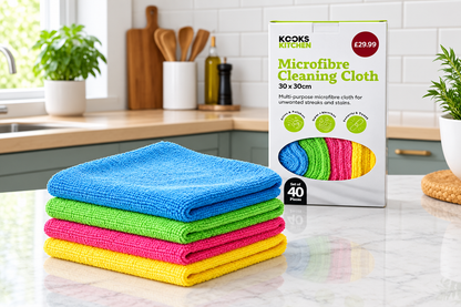 Kooks Kitchen Microfibre Cleaning Cloths, Pack of 40, 30 x 30cm, Multicolour