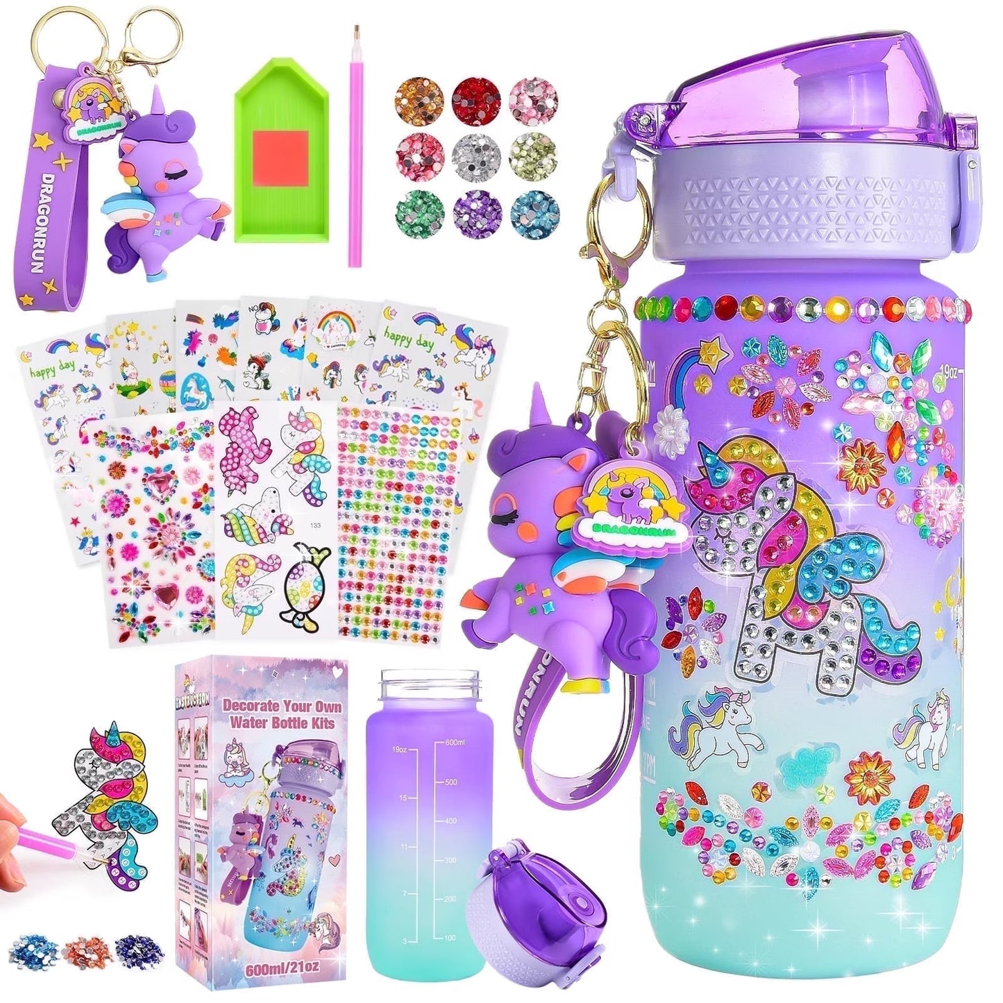 Decorate Your Own Unicorn Water Bottle – Craft Kit for Girls Ages 5–12 with Gem Stickers, Unicorn Pendant & 600ml Bottle – Birthday Gift Idea