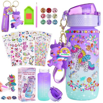 Decorate Your Own Unicorn Water Bottle – Craft Kit for Girls Ages 5–12 with Gem Stickers, Unicorn Pendant & 600ml Bottle – Birthday Gift Idea