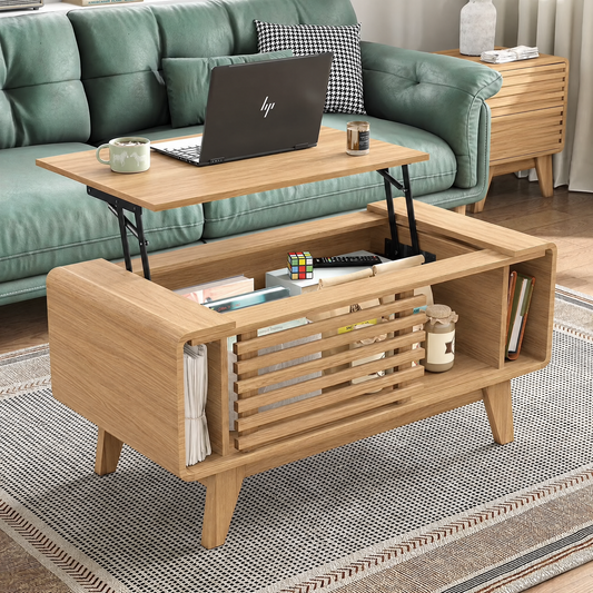 Mid-Century Lift Top Coffee Table with Hidden Storage, Natural Oak