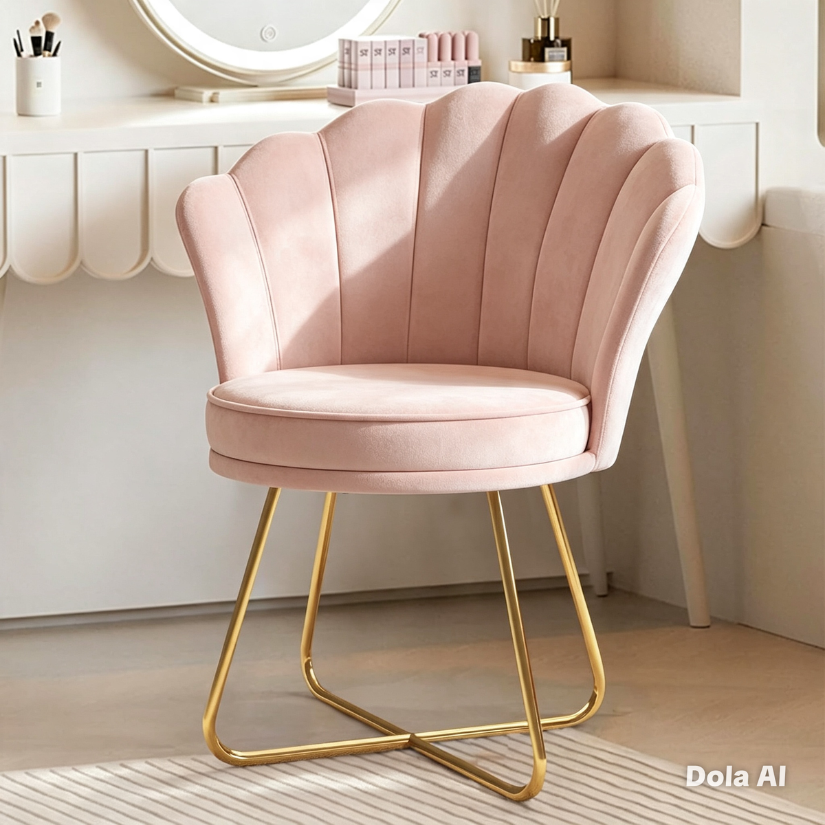 Black Velvet Vanity Chair – Petal Back, Gold Metal Frame, Dressing Table Chair for Bedroom & Makeup Area