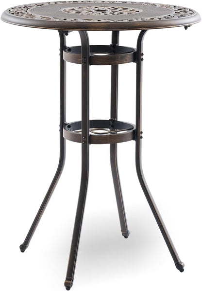 Outdoor Bar Height Table & Swivel Stool Set — 31.5" Round Cast Aluminum Patio Pub Table with Umbrella Hole + 2 High Top Bar Chairs with 360° Swivel & Removable Cushions (Bronze)