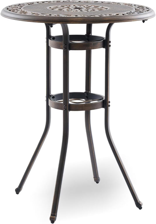 Outdoor Bar Height Table & Swivel Stool Set — 31.5" Round Cast Aluminum Patio Pub Table with Umbrella Hole + 2 High Top Bar Chairs with 360° Swivel & Removable Cushions (Bronze)