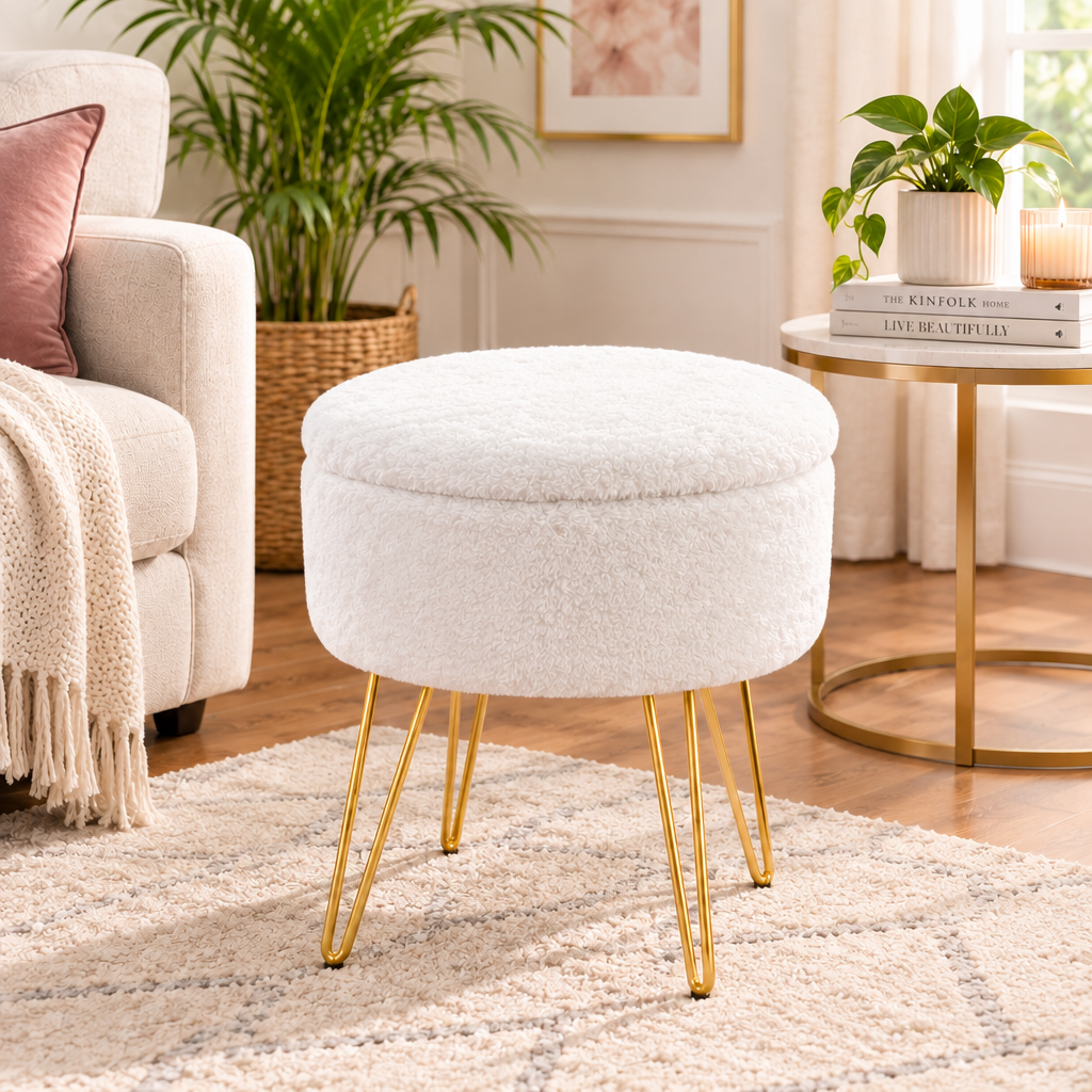 Gaveno Cavailia IKAT Fur Storage Hairpin Stool 37 × 37 × 45cm – Fluffy Dressing Table Stool with Hidden Storage & Metal Hairpin Legs – White | Grey | Charcoal | Natural