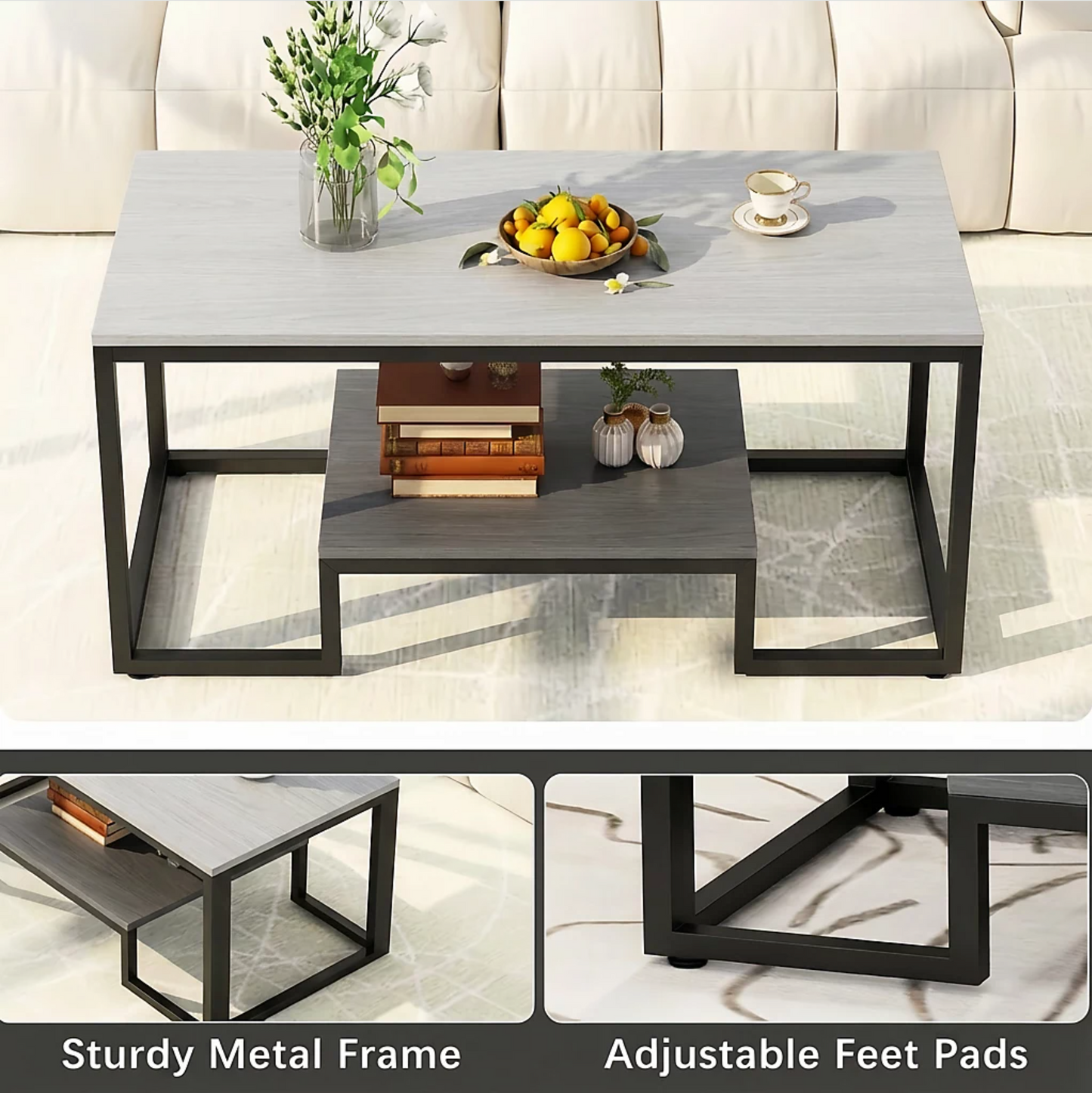Alivio 2-Tier Storage Coffee Table with Metal Frame Design for Home & Office (Grey)