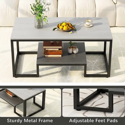 Alivio 2-Tier Storage Coffee Table with Metal Frame Design for Home & Office (Grey)