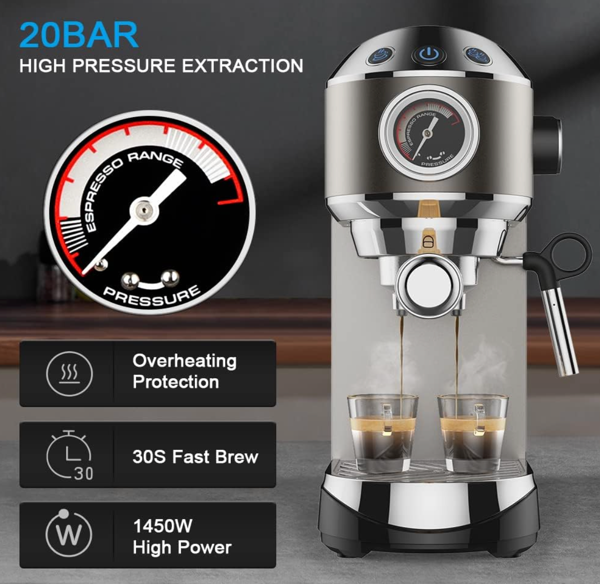 20 Bar Semi-Automatic Espresso Machine with Milk Frother – Espresso, Cappuccino & Latte