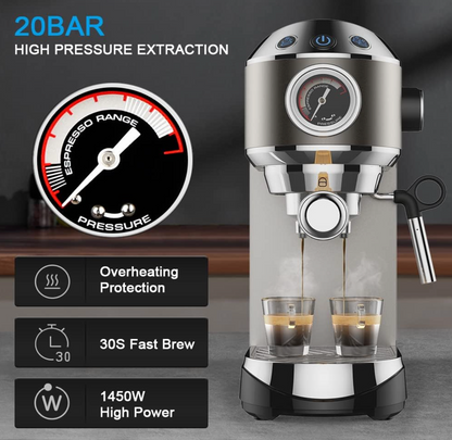 20 Bar Semi-Automatic Espresso Machine with Milk Frother – Espresso, Cappuccino & Latte