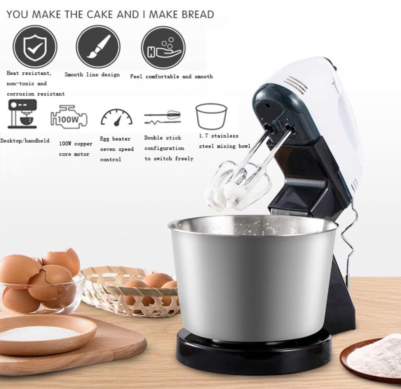 7-Speed Electric Stand Mixer with 2L Rotating Bowl – Detachable 2-in-1 Hand Mixer with Dough Hooks & Whisk Beaters – Turbo Function