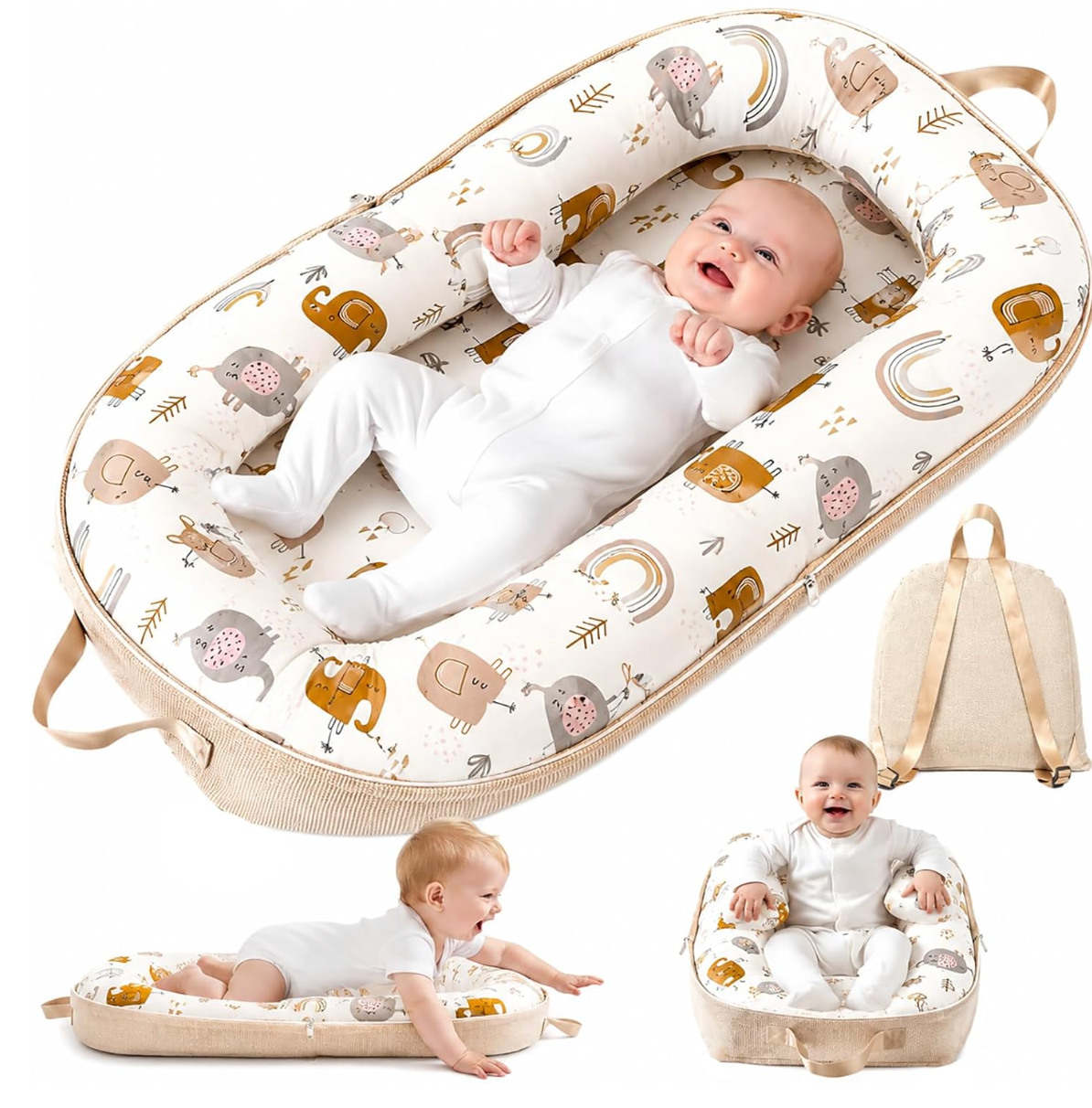 Violety Baby Nest & Lounger – 80×40cm Portable Newborn Lounger with Memory Foam Mat | Breathable 100% Cotton | Converts to Travel Backpack | 0–12 Months (White Elephant)