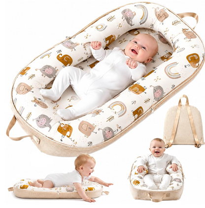 Violety Baby Nest & Lounger – 80×40cm Portable Newborn Lounger with Memory Foam Mat | Breathable 100% Cotton | Converts to Travel Backpack | 0–12 Months (White Elephant)