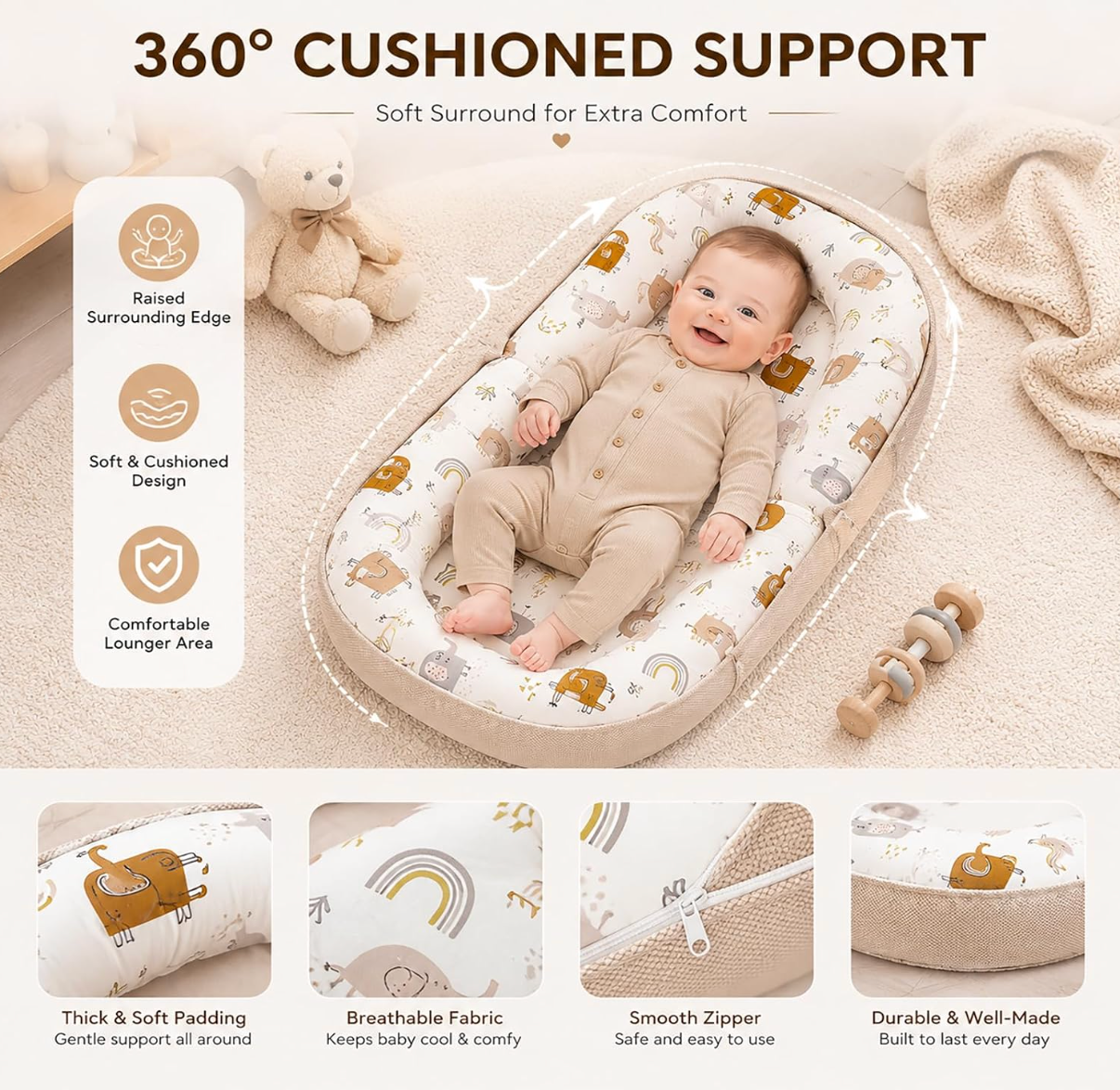 Violety Baby Nest & Lounger – 80×40cm Portable Newborn Lounger with Memory Foam Mat | Breathable 100% Cotton | Converts to Travel Backpack | 0–12 Months (White Elephant)