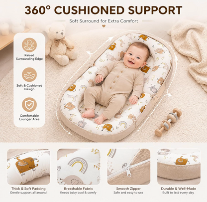 Violety Baby Nest & Lounger – 80×40cm Portable Newborn Lounger with Memory Foam Mat | Breathable 100% Cotton | Converts to Travel Backpack | 0–12 Months (White Elephant)