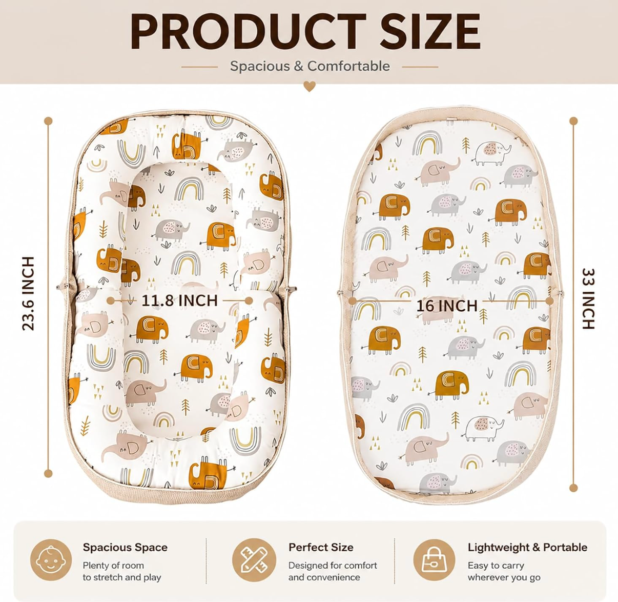 Violety Baby Nest & Lounger – 80×40cm Portable Newborn Lounger with Memory Foam Mat | Breathable 100% Cotton | Converts to Travel Backpack | 0–12 Months (White Elephant)