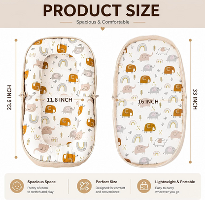 Violety Baby Nest & Lounger – 80×40cm Portable Newborn Lounger with Memory Foam Mat | Breathable 100% Cotton | Converts to Travel Backpack | 0–12 Months (White Elephant)