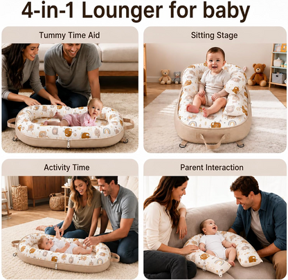 Violety Baby Nest & Lounger – 80×40cm Portable Newborn Lounger with Memory Foam Mat | Breathable 100% Cotton | Converts to Travel Backpack | 0–12 Months (White Elephant)