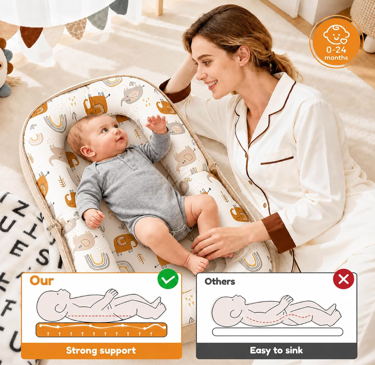 Violety Baby Nest & Lounger – 80×40cm Portable Newborn Lounger with Memory Foam Mat | Breathable 100% Cotton | Converts to Travel Backpack | 0–12 Months (White Elephant)