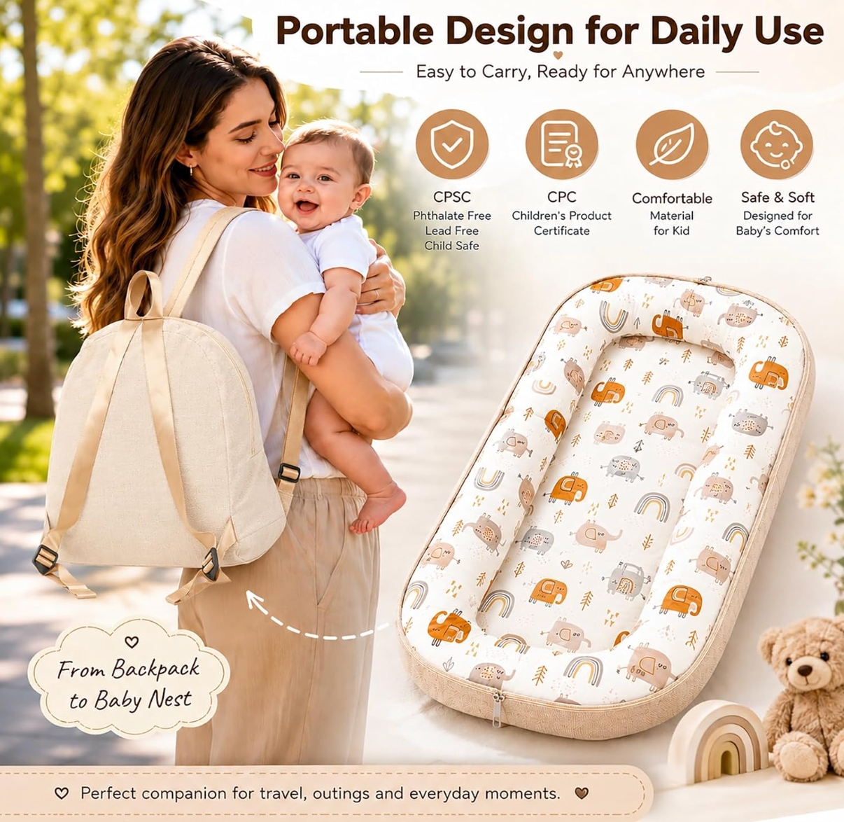 Violety Baby Nest & Lounger – 80×40cm Portable Newborn Lounger with Memory Foam Mat | Breathable 100% Cotton | Converts to Travel Backpack | 0–12 Months (White Elephant)