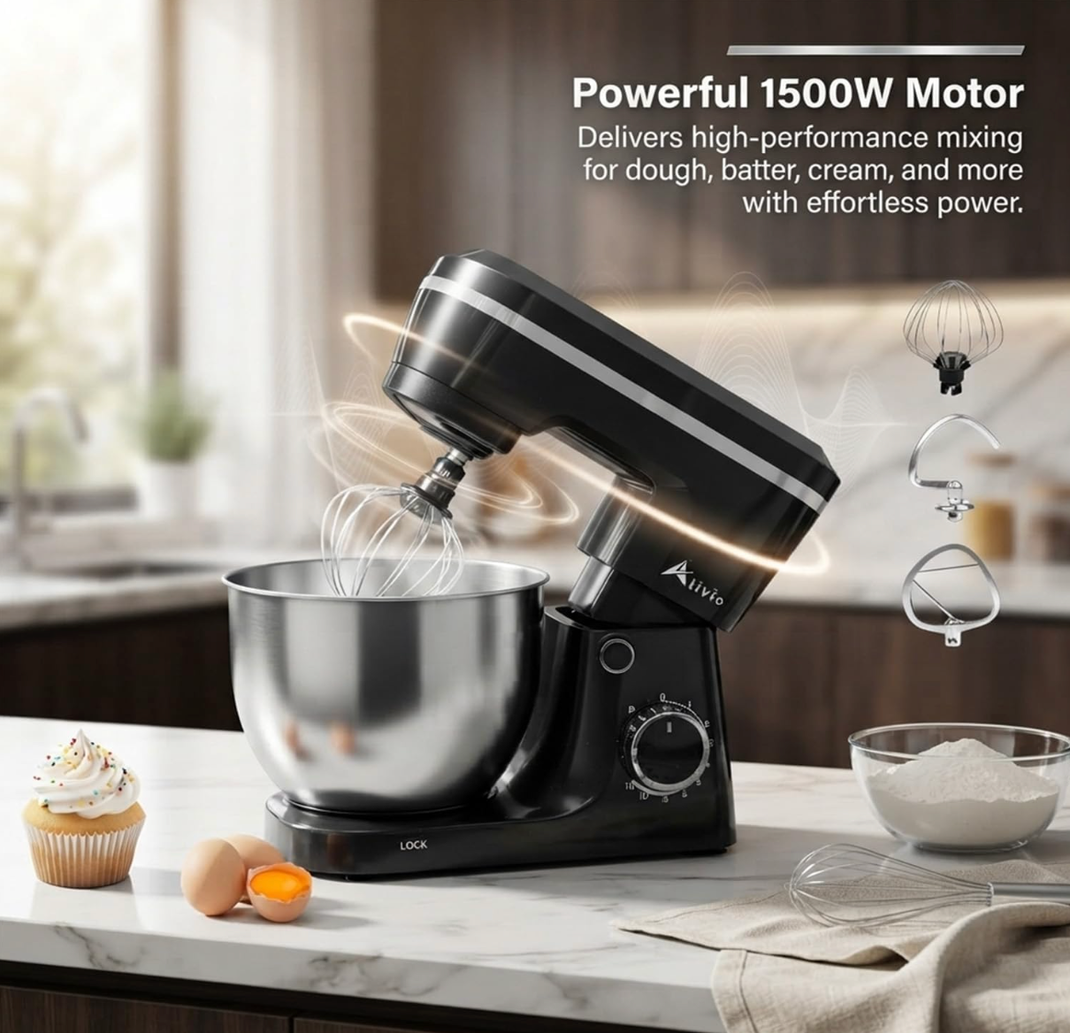 Alivio 5L Stand Mixer 1500W – Heavy Duty Kitchen Mixer with 10+P Speed Control, Dough Hook, Flat Beater & Whisk – Stainless Steel Bowl (Black)